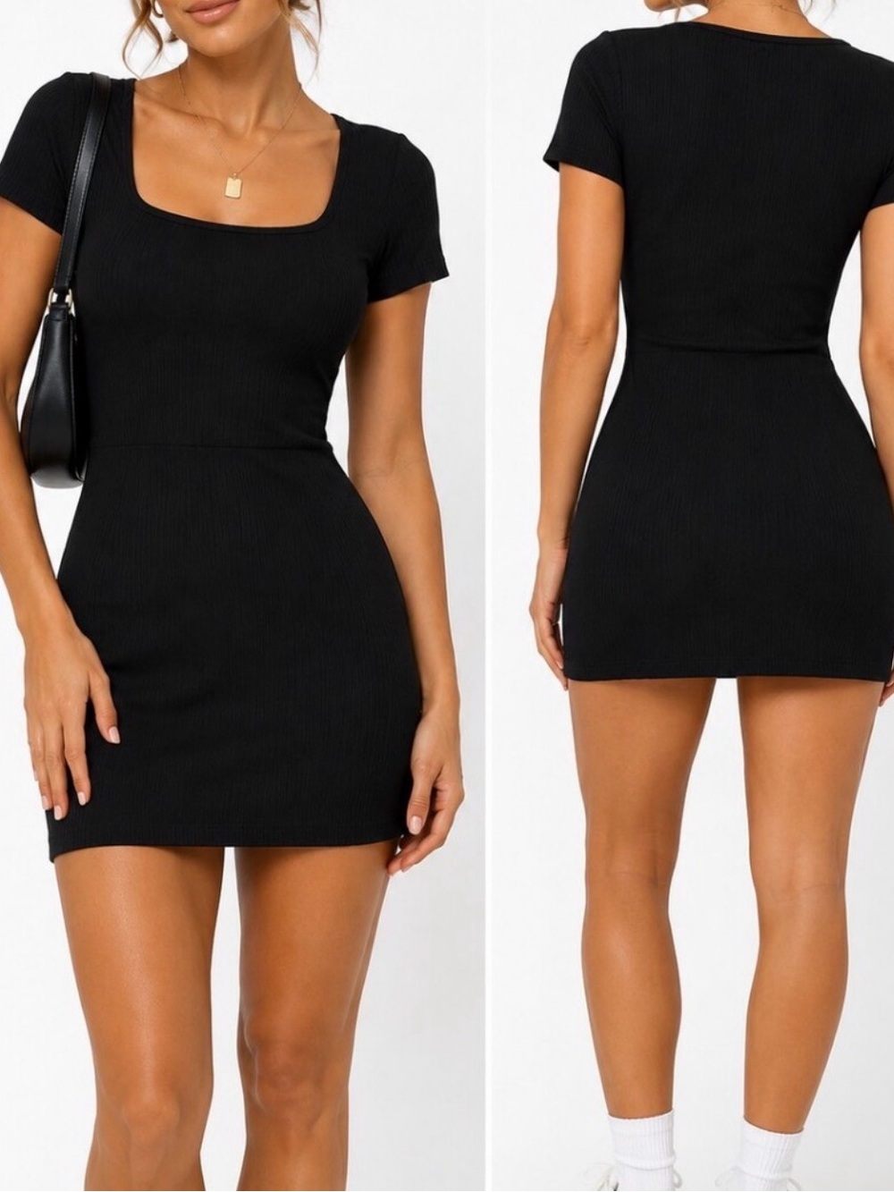 OQQ Black Ribbed Body Con Square-Neck Short Sleeve Dress Sz Medium
